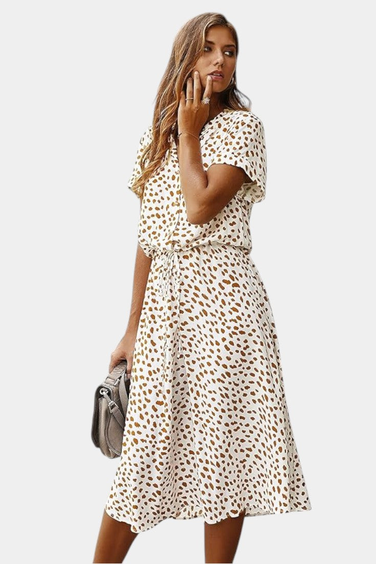 Rovena Vestido Midi de Lunares con Cuello Camisero y Cintura Ajustable