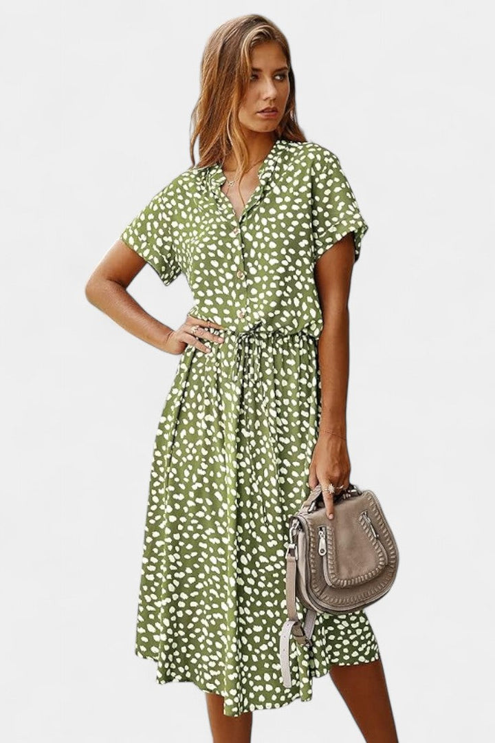 Rovena Vestido Midi de Lunares con Cuello Camisero y Cintura Ajustable