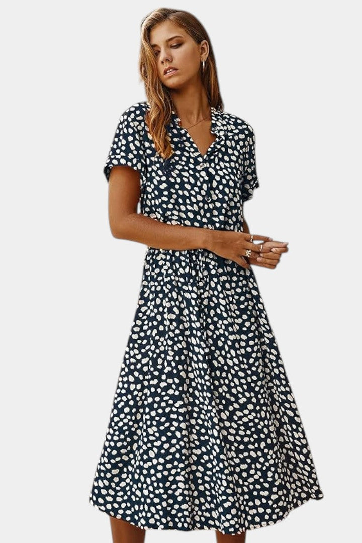 Rovena Vestido Midi de Lunares con Cuello Camisero y Cintura Ajustable