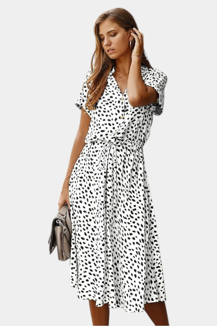 Rovena Vestido Midi de Lunares con Cuello Camisero y Cintura Ajustable