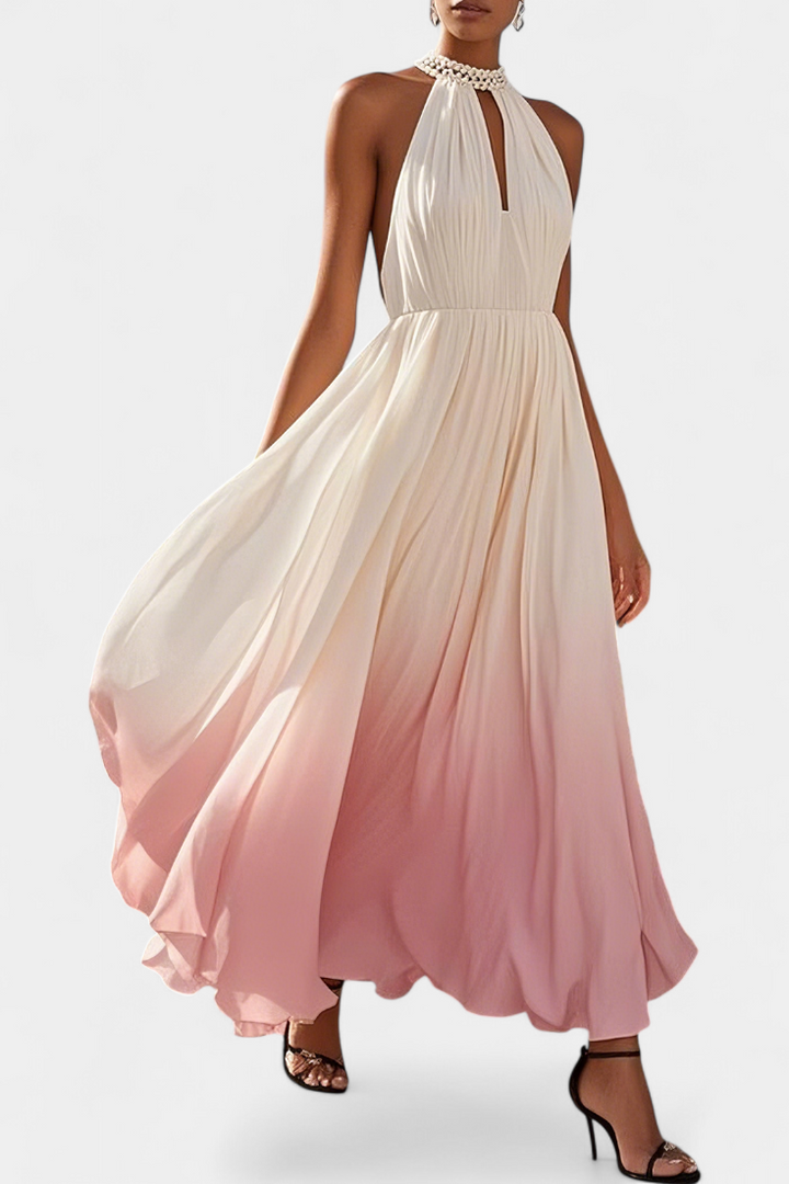 Starla Vestido Maxi Halter Plisado con Detalles de Perlas