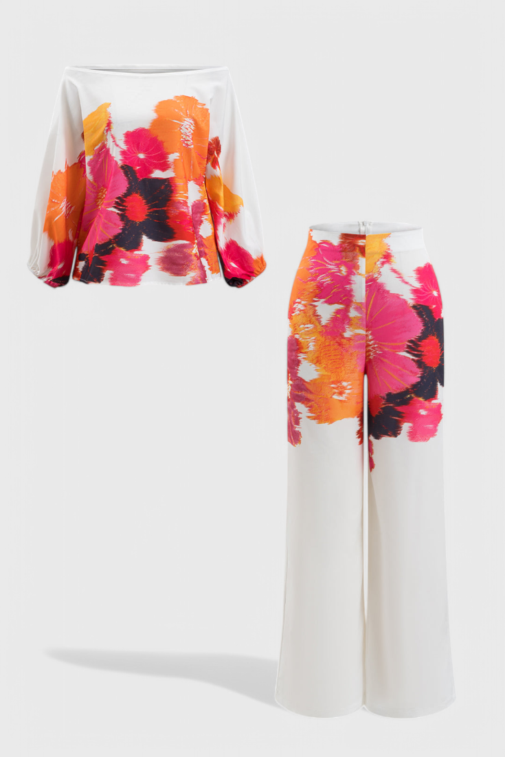 Sybella Conjunto de Dos Piezas con Hombros Descubiertos y Pantalones Amplios Estampados