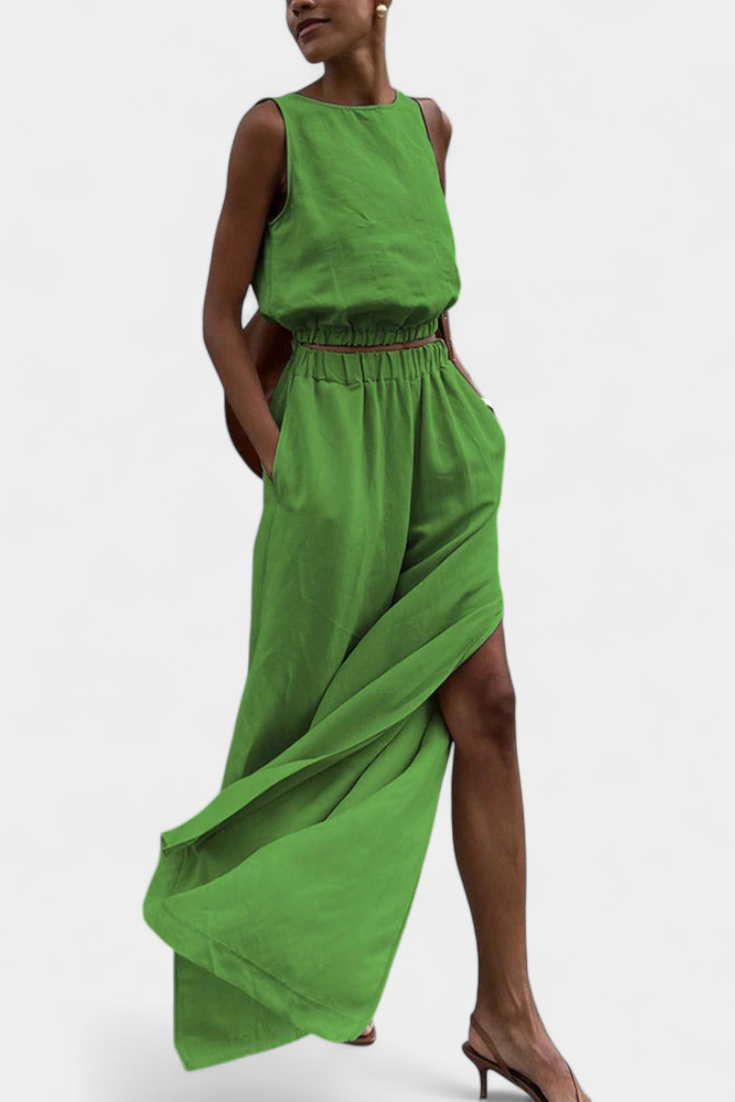 Portia Conjunto de Algodón y Lino con Abertura Lateral