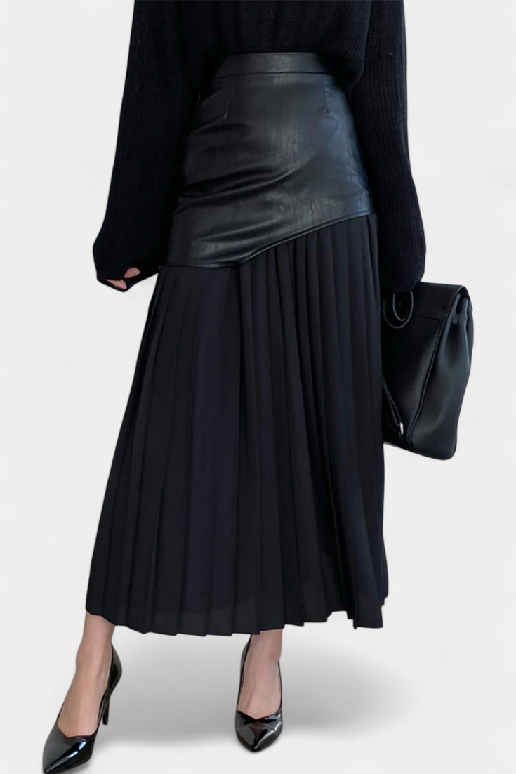 Noelle Falda Maxi Asimétrica de Chifón y Cuero Sintético