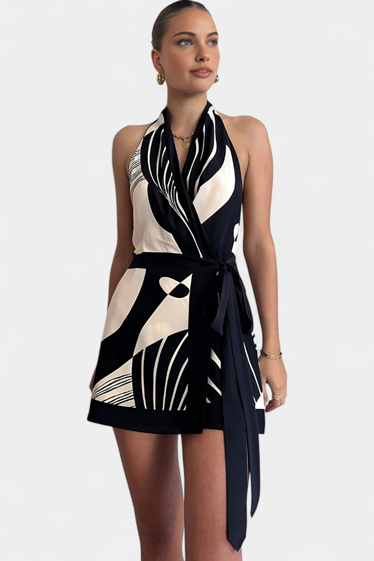 Fae Vestido Corto Halter con Estampado Abstracto y Cinturón