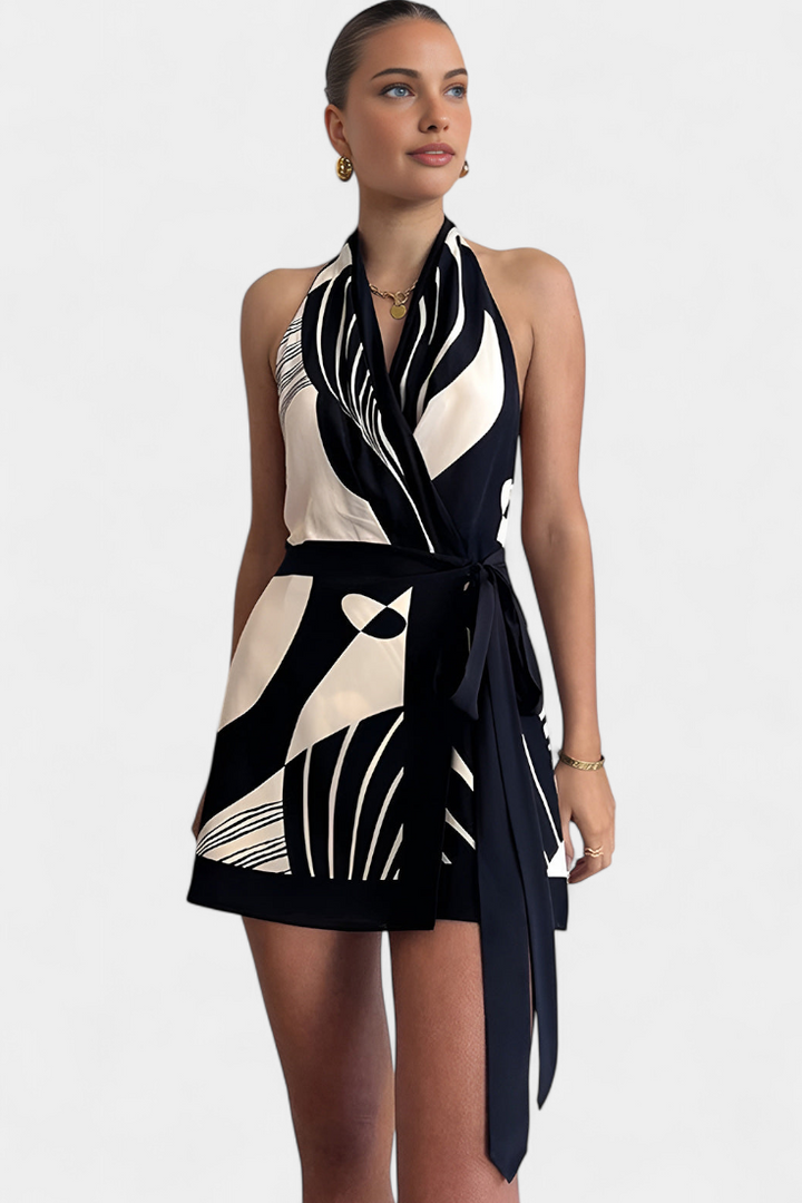 Fae Vestido Corto Halter con Estampado Abstracto y Cinturón