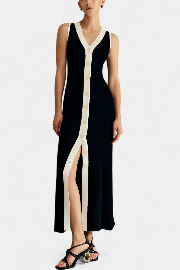 Brielle Vestido de Punto Sin Mangas con Escote en V y Botones a Contraste