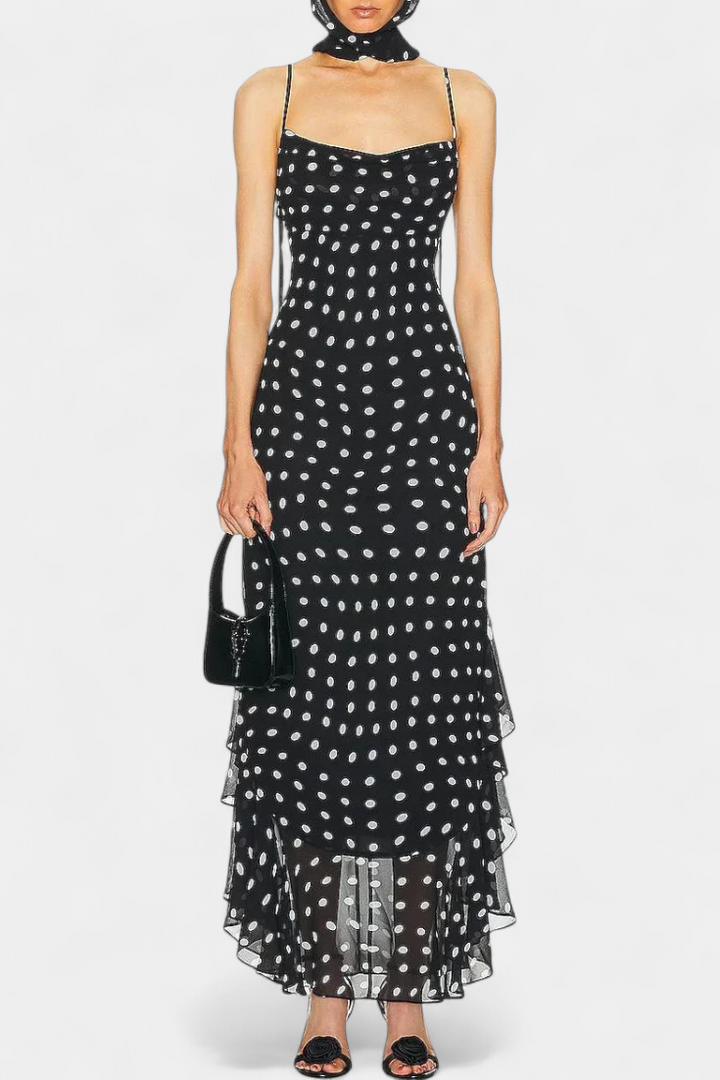 Estefanía Vestido de Gasa con Volantes y Lunares en Negro y Crema