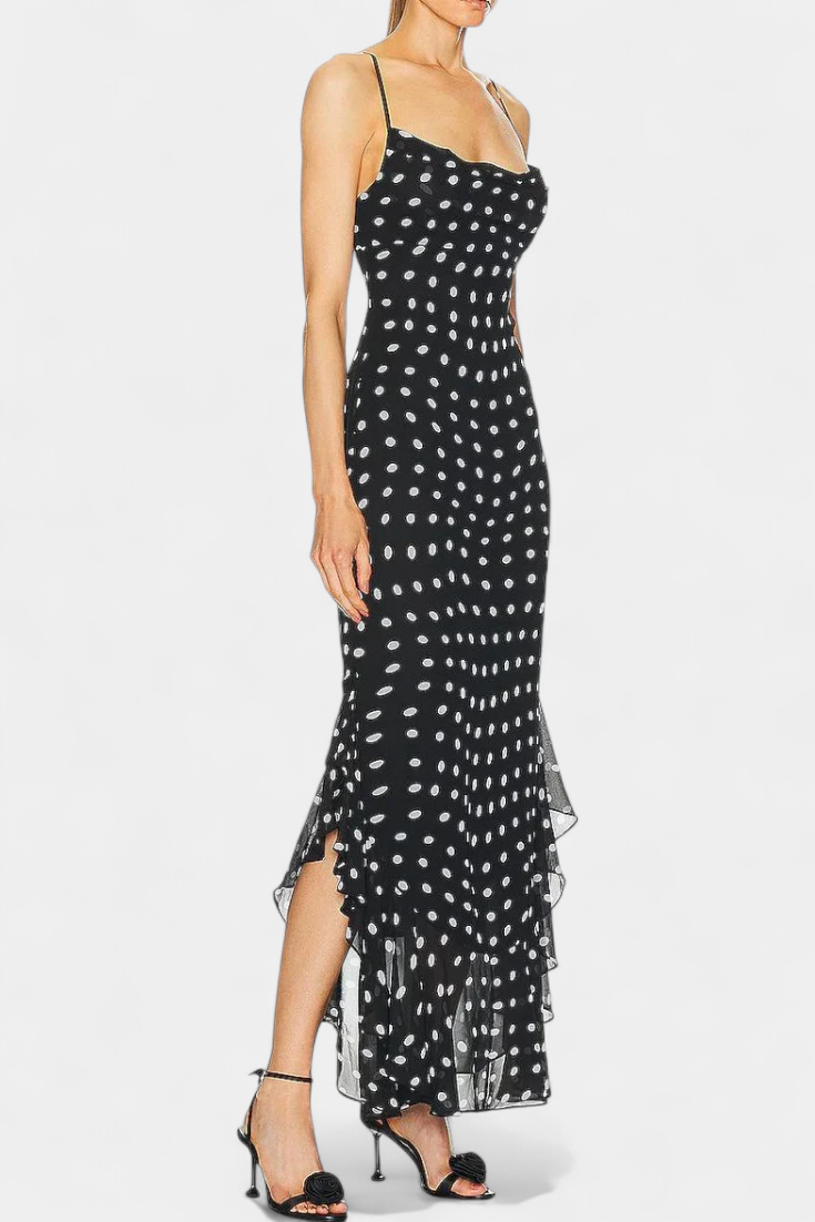 Estefanía Vestido de Gasa con Volantes y Lunares en Negro y Crema