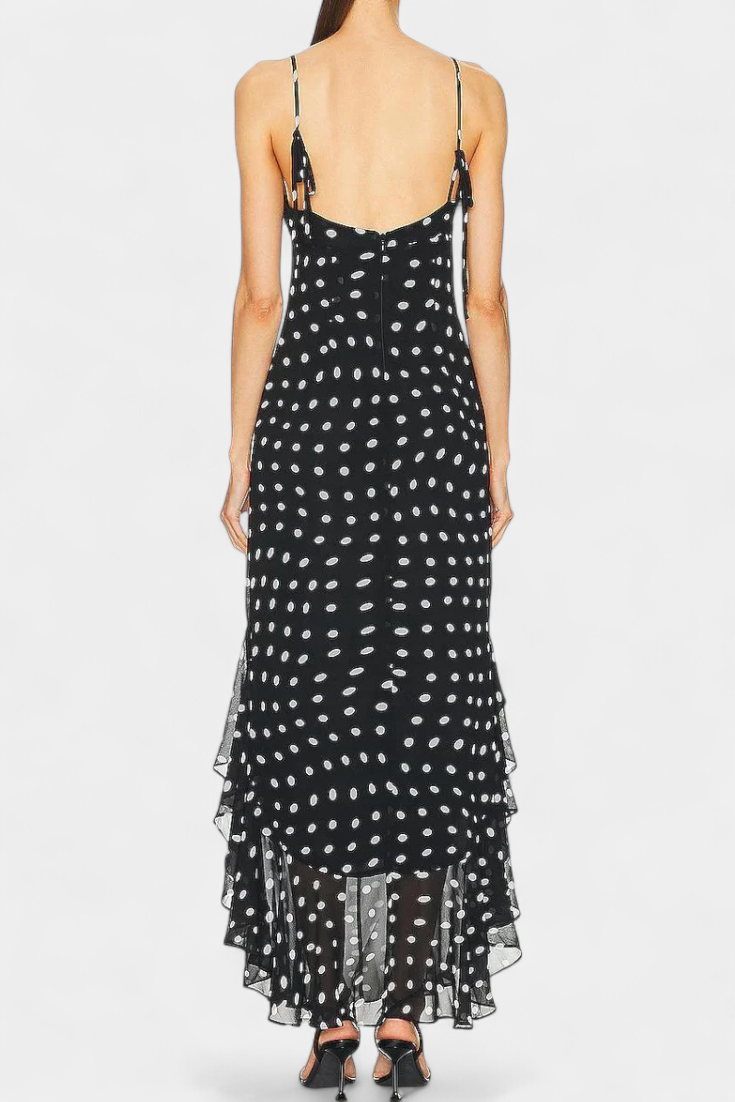 Estefanía Vestido de Gasa con Volantes y Lunares en Negro y Crema