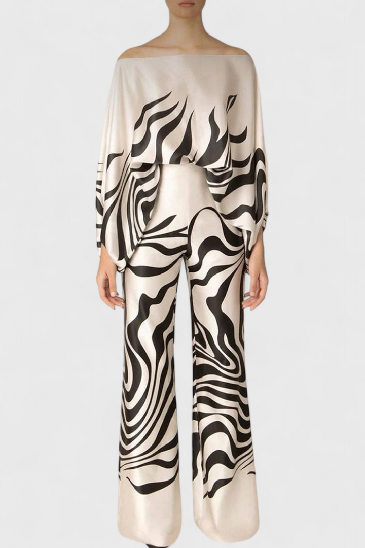 Sybella Conjunto de Dos Piezas con Hombros Descubiertos y Pantalones Amplios Estampados