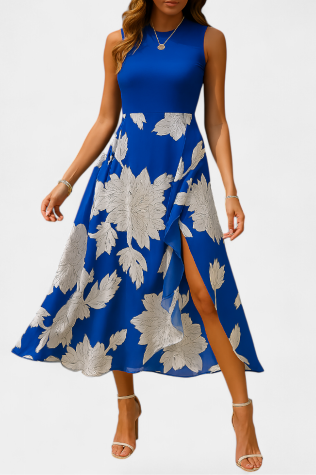 Raquel Vestido con Top de Punto y Falda Floral con Abertura