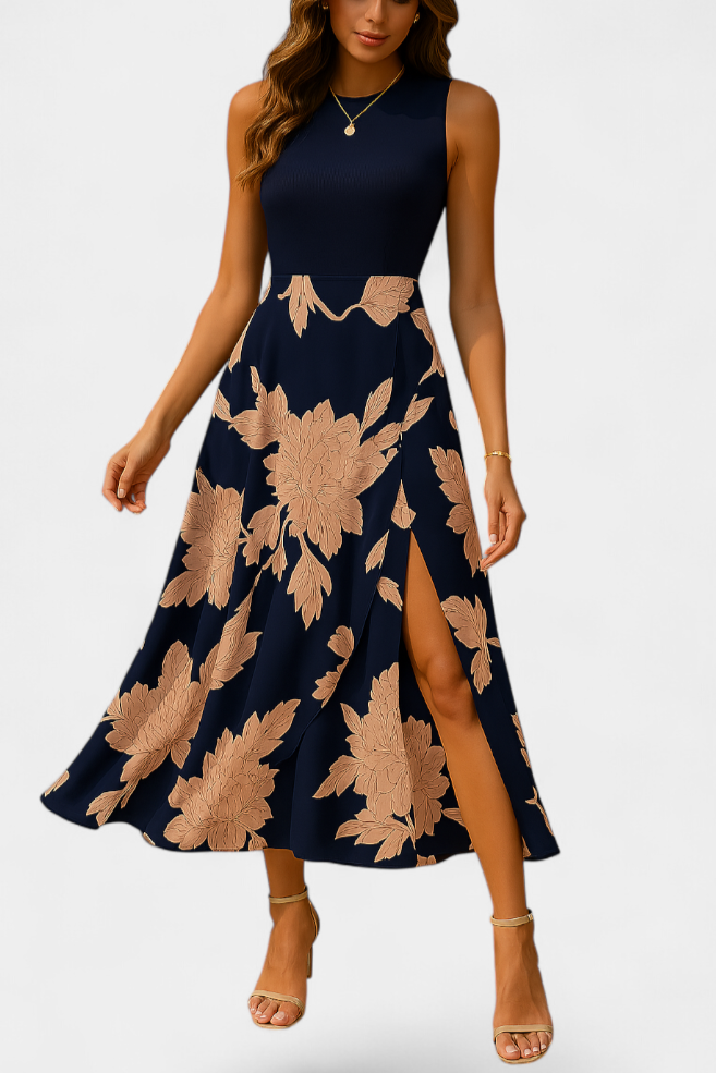 Raquel Vestido con Top de Punto y Falda Floral con Abertura