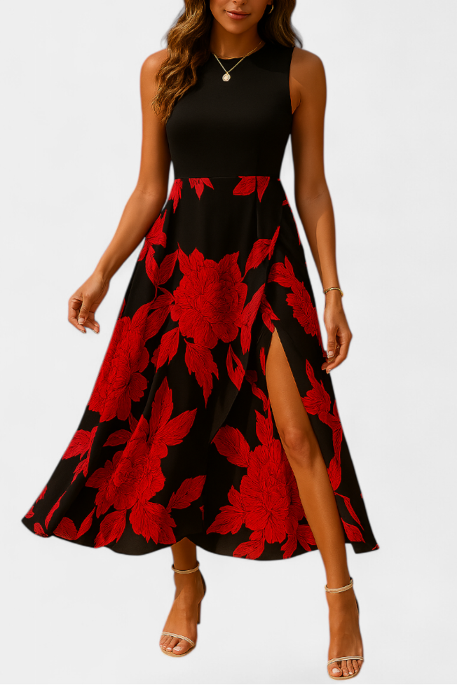 Raquel Vestido con Top de Punto y Falda Floral con Abertura