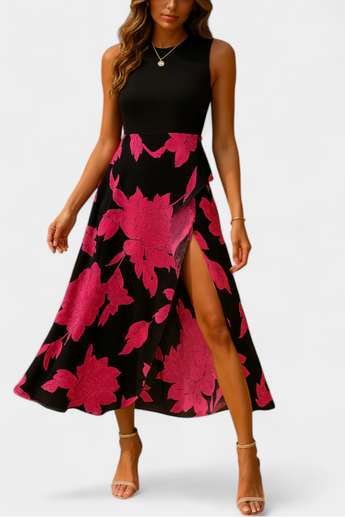 Raquel Vestido con Top de Punto y Falda Floral con Abertura