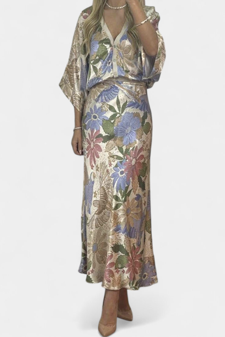 Shae Conjunto Suave de Blusa y Falda de Cola de Pez Floral