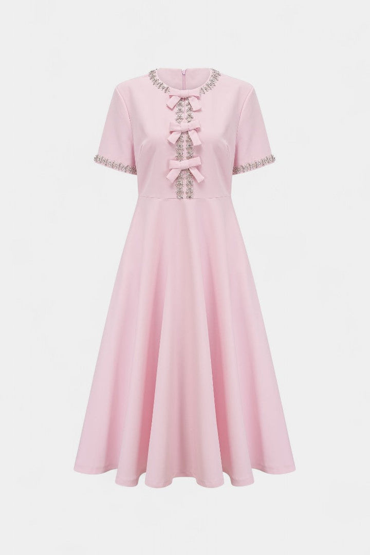 Linda Vestido Midi Acampanado con Lazo de Cristal y Detalles Elegantes