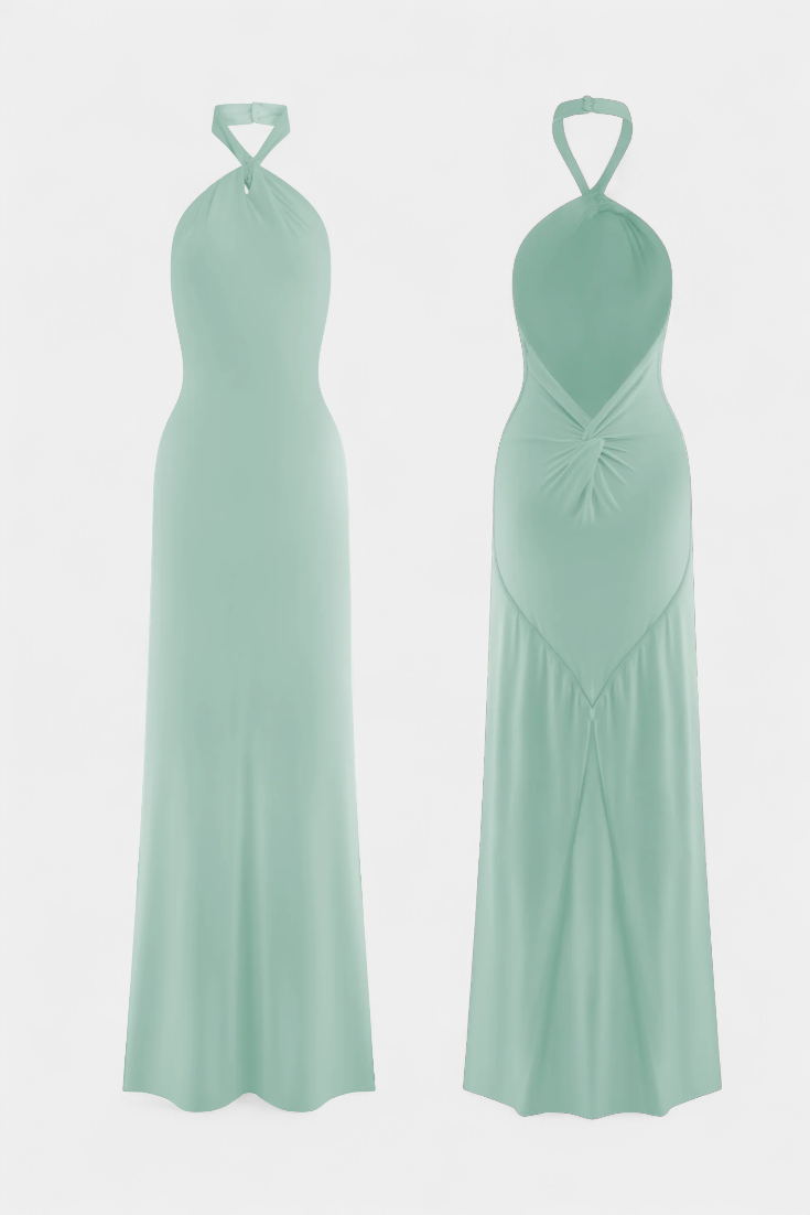 Trinity Vestido Halter Ajustado con Fruncido y Espalda Descubierta