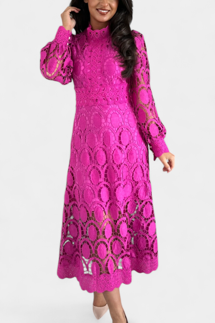 Jovie Vestido Midi de Encaje Bordado con Cuello Alto