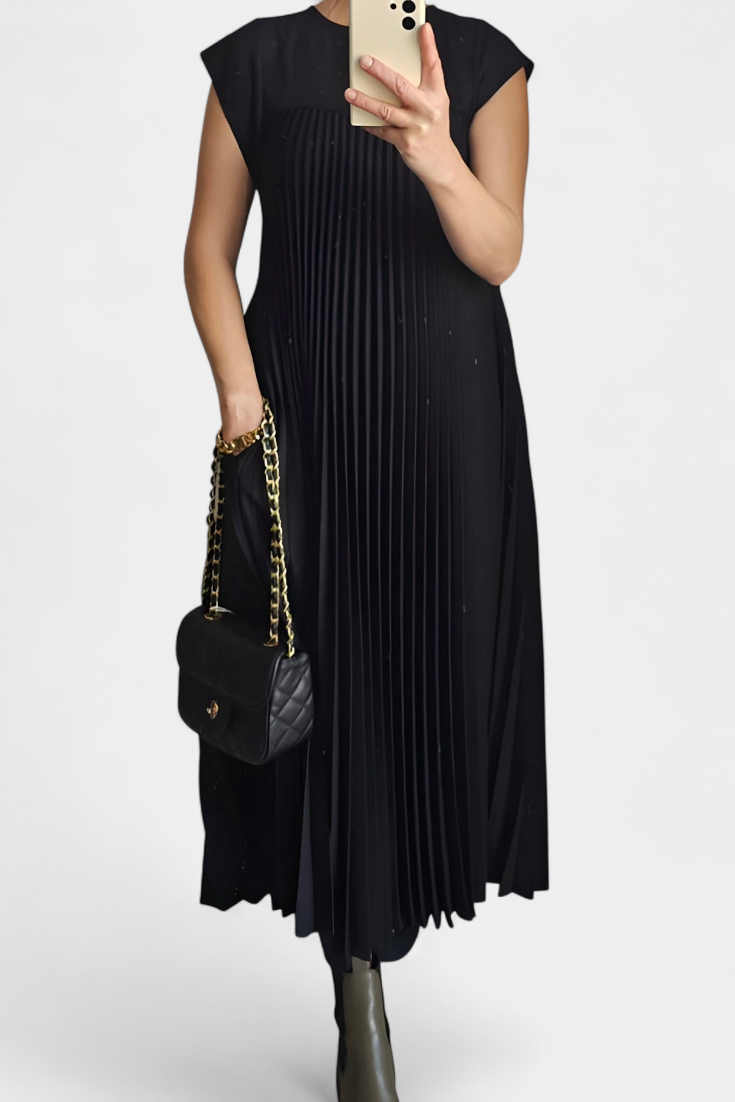 Manuela Vestido Sin Mangas con Pliegues y Cintura Alta