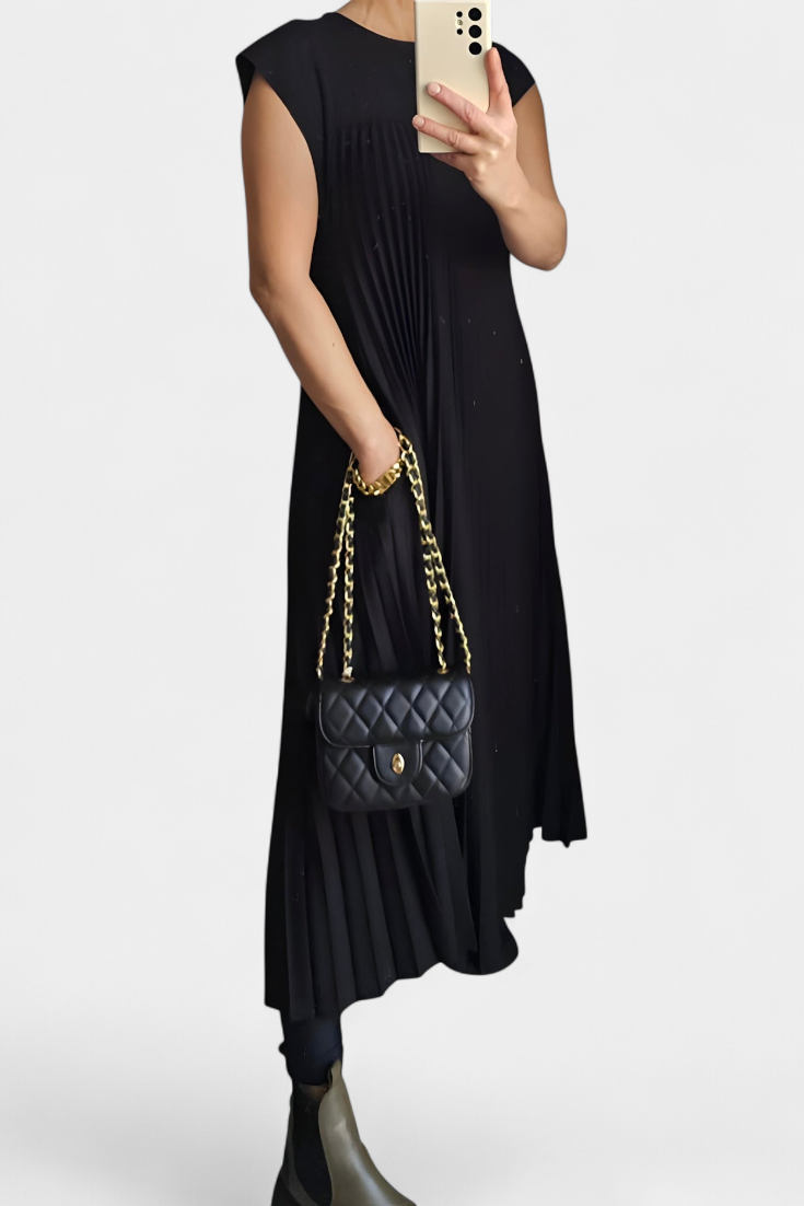 Manuela Vestido Sin Mangas con Pliegues y Cintura Alta