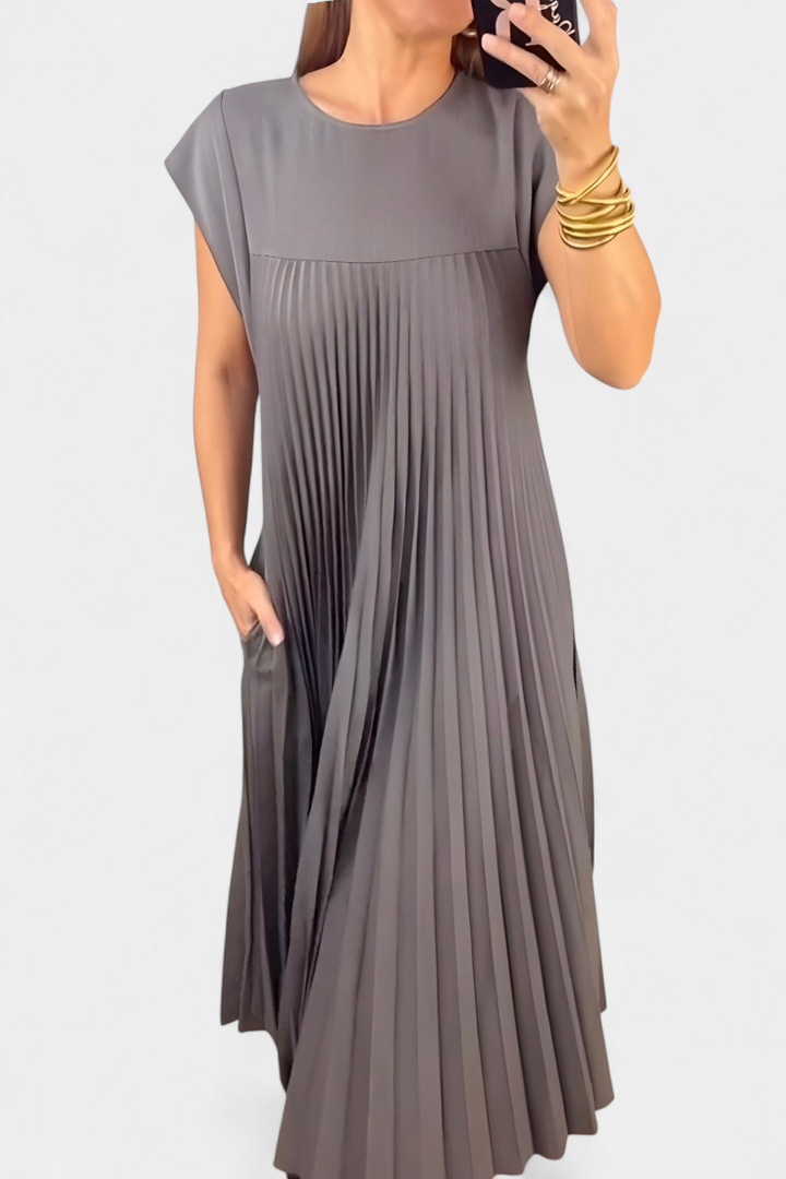 Manuela Vestido Sin Mangas con Pliegues y Cintura Alta