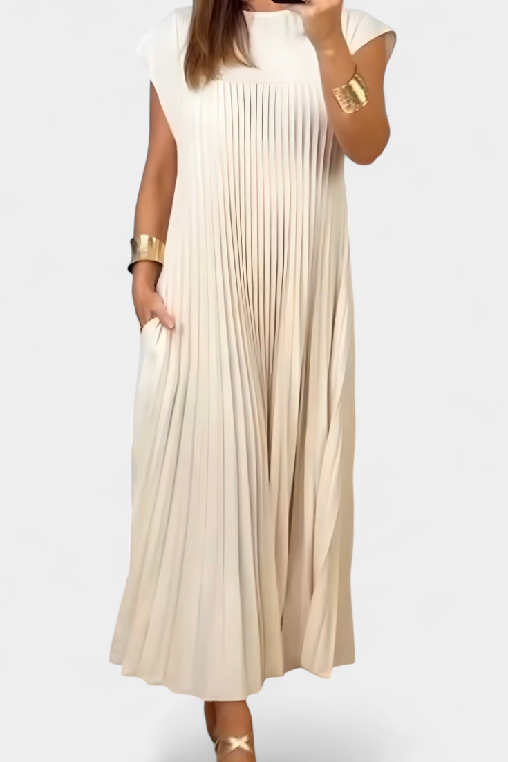 Manuela Vestido Sin Mangas con Pliegues y Cintura Alta