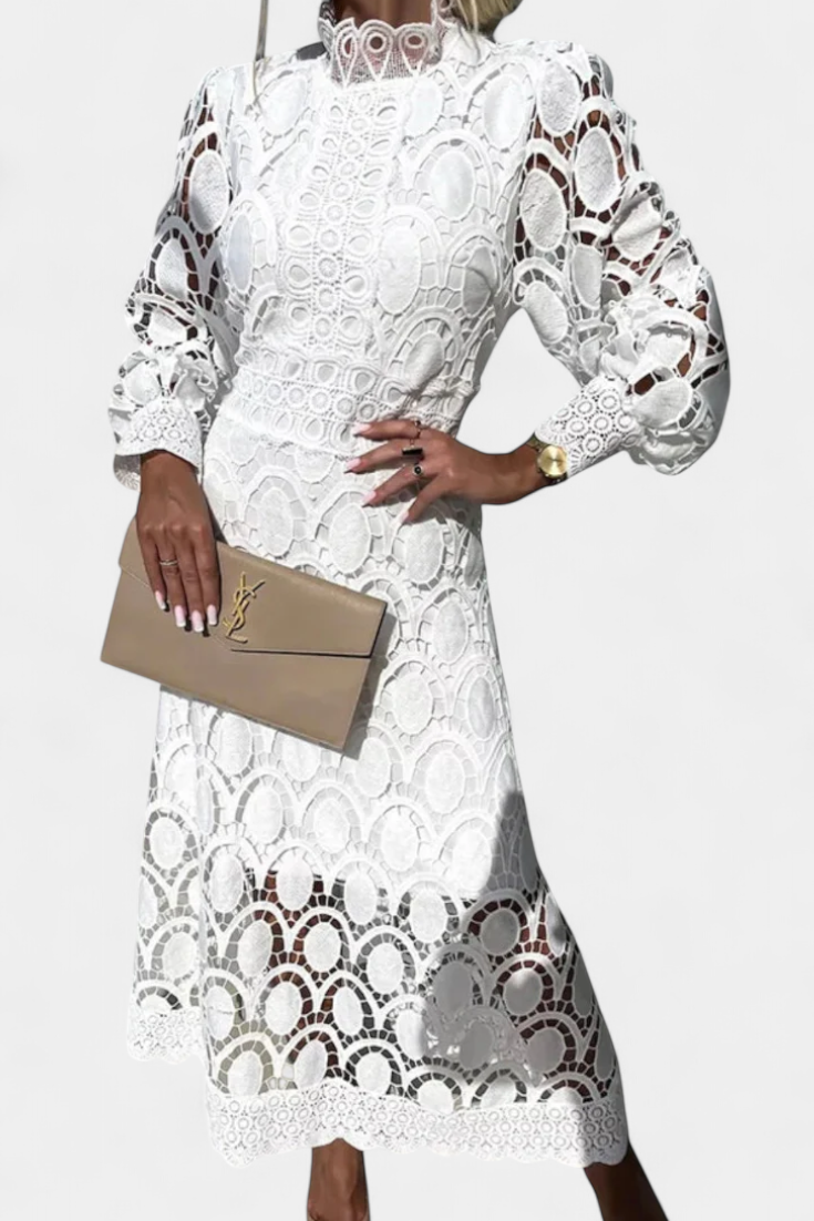 Jovie Vestido Midi de Encaje Bordado con Cuello Alto