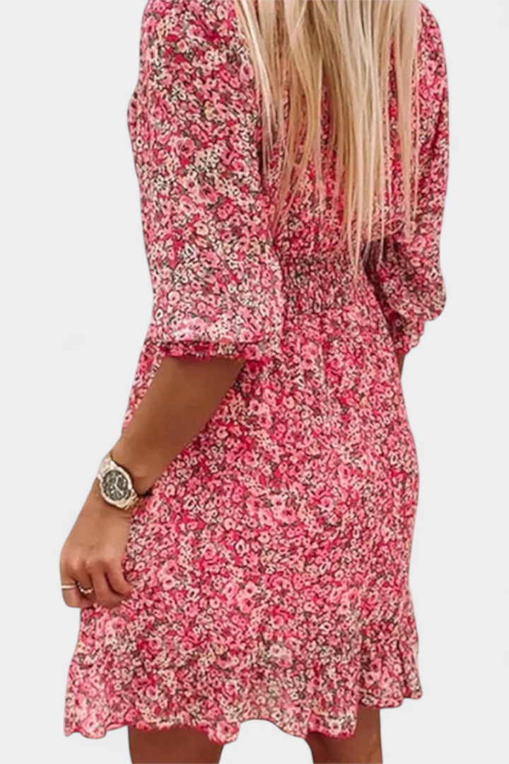 Benicia Vestido Floral de Manga Abullonada con Dobladillo Juguetón