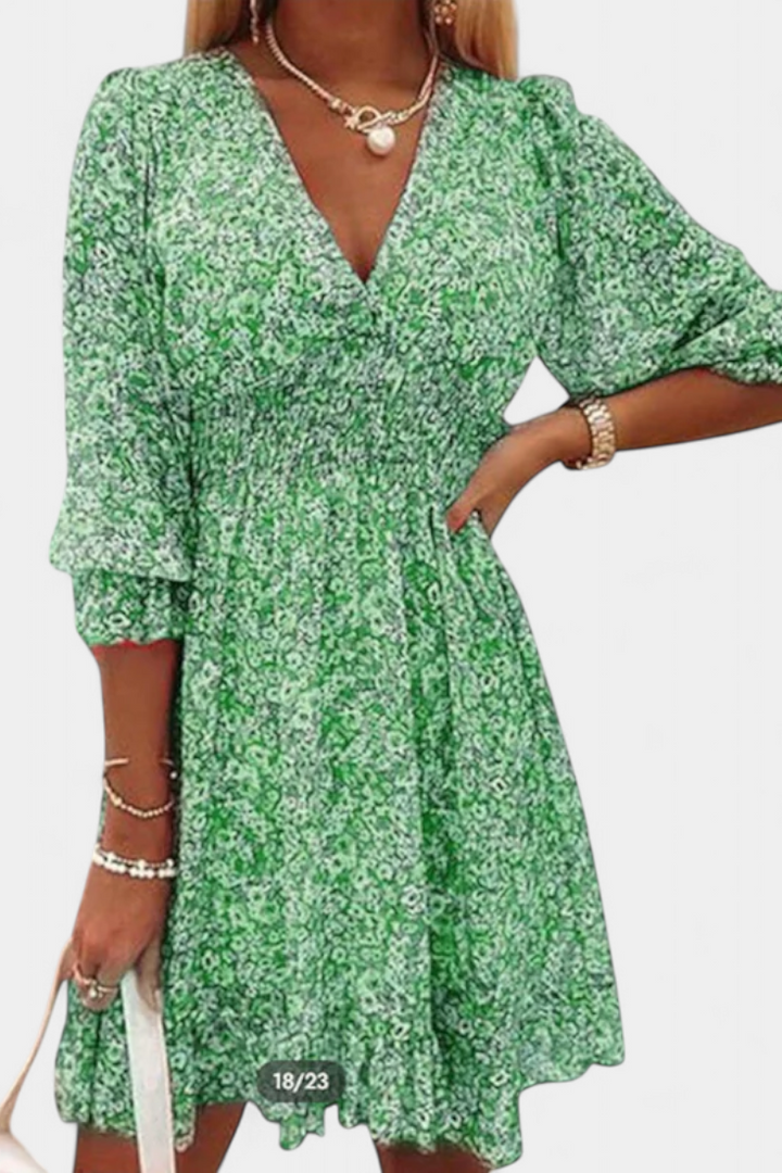 Benicia Vestido Floral de Manga Abullonada con Dobladillo Juguetón