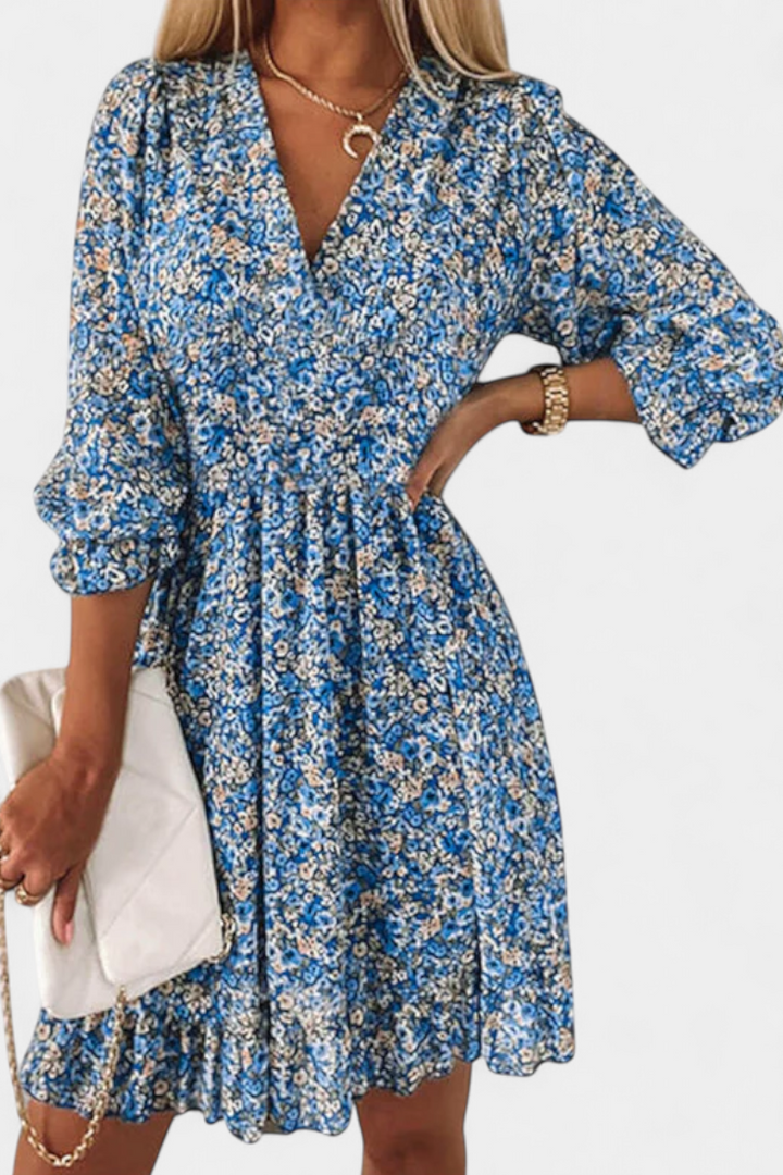 Benicia Vestido Floral de Manga Abullonada con Dobladillo Juguetón