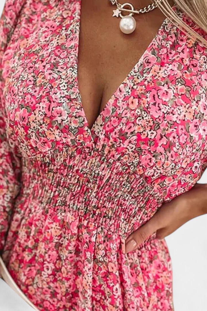 Benicia Vestido Floral de Manga Abullonada con Dobladillo Juguetón