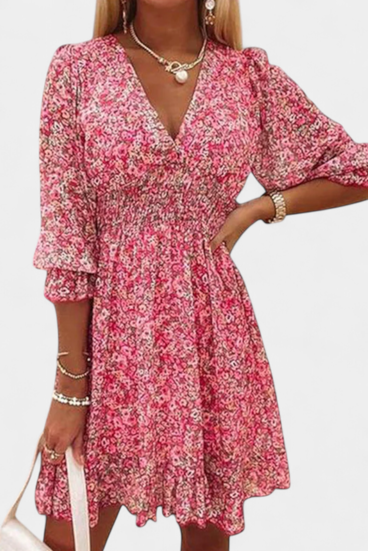 Benicia Vestido Floral de Manga Abullonada con Dobladillo Juguetón