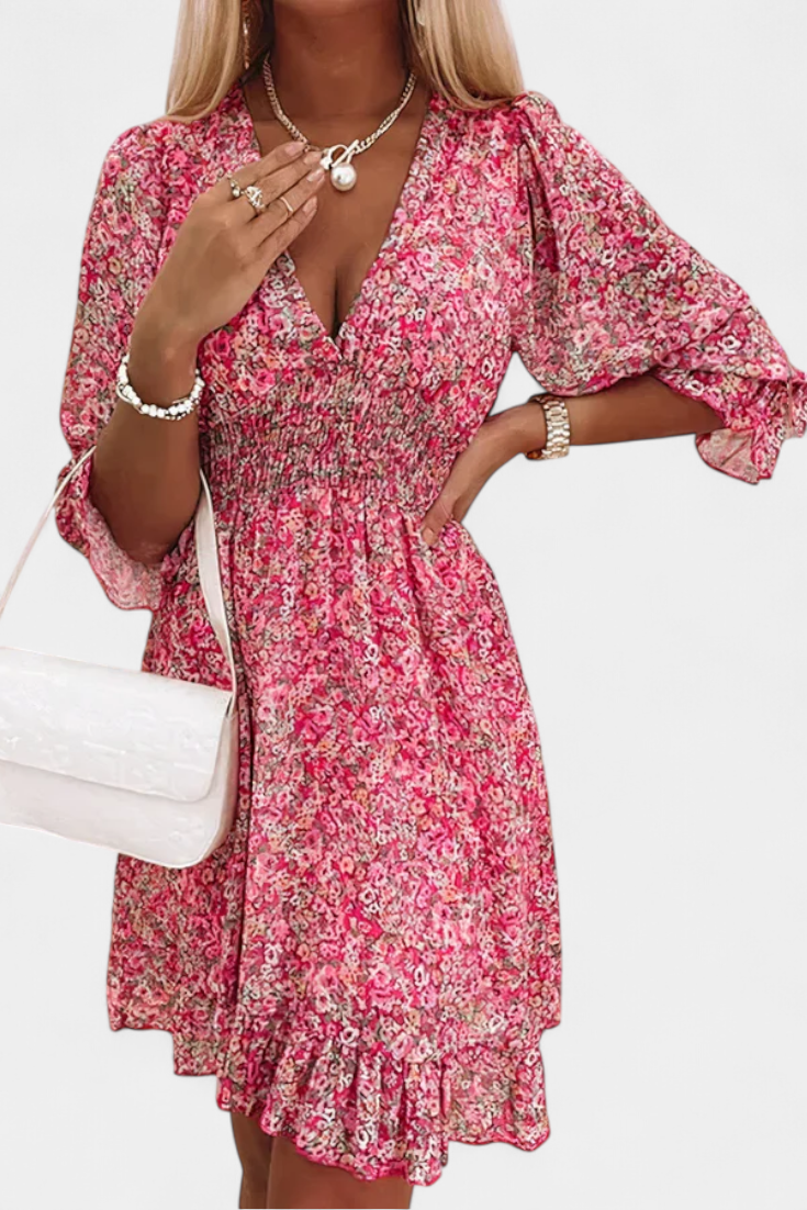 Benicia Vestido Floral de Manga Abullonada con Dobladillo Juguetón