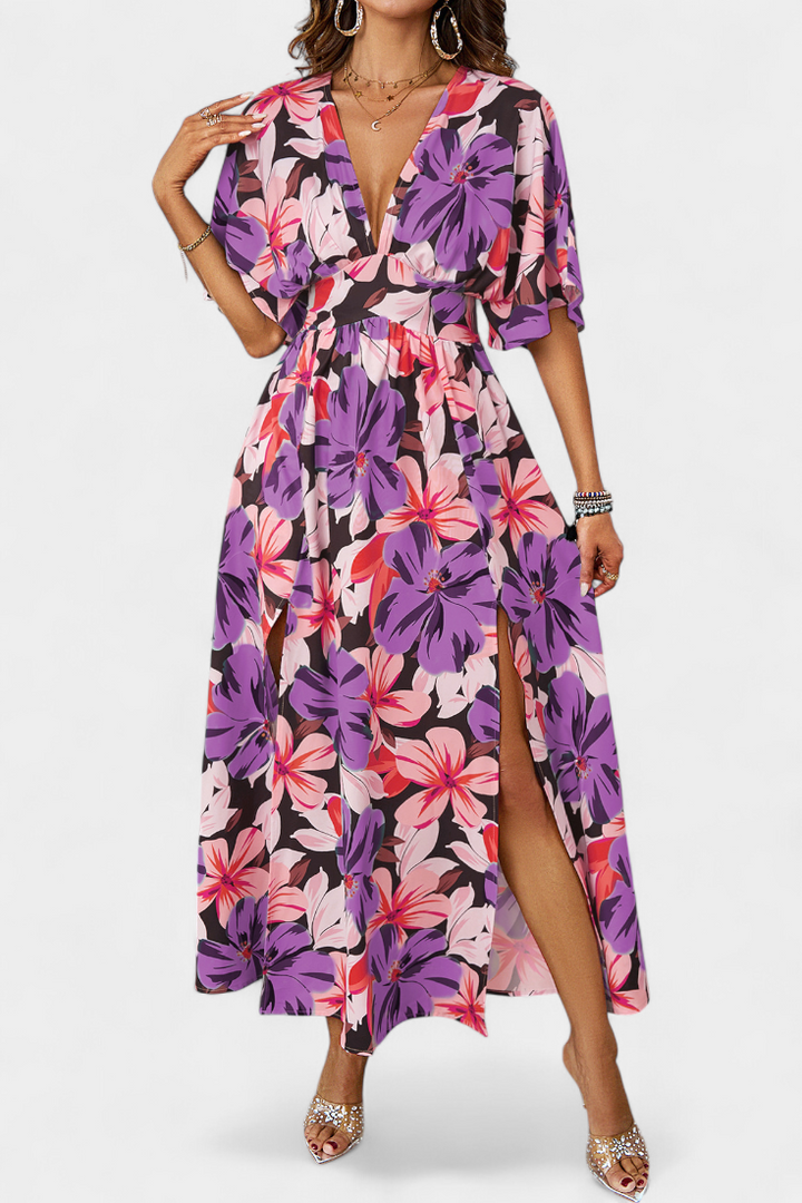 Julie Vestido Largo con Estampado Floral y Escote Cruzado