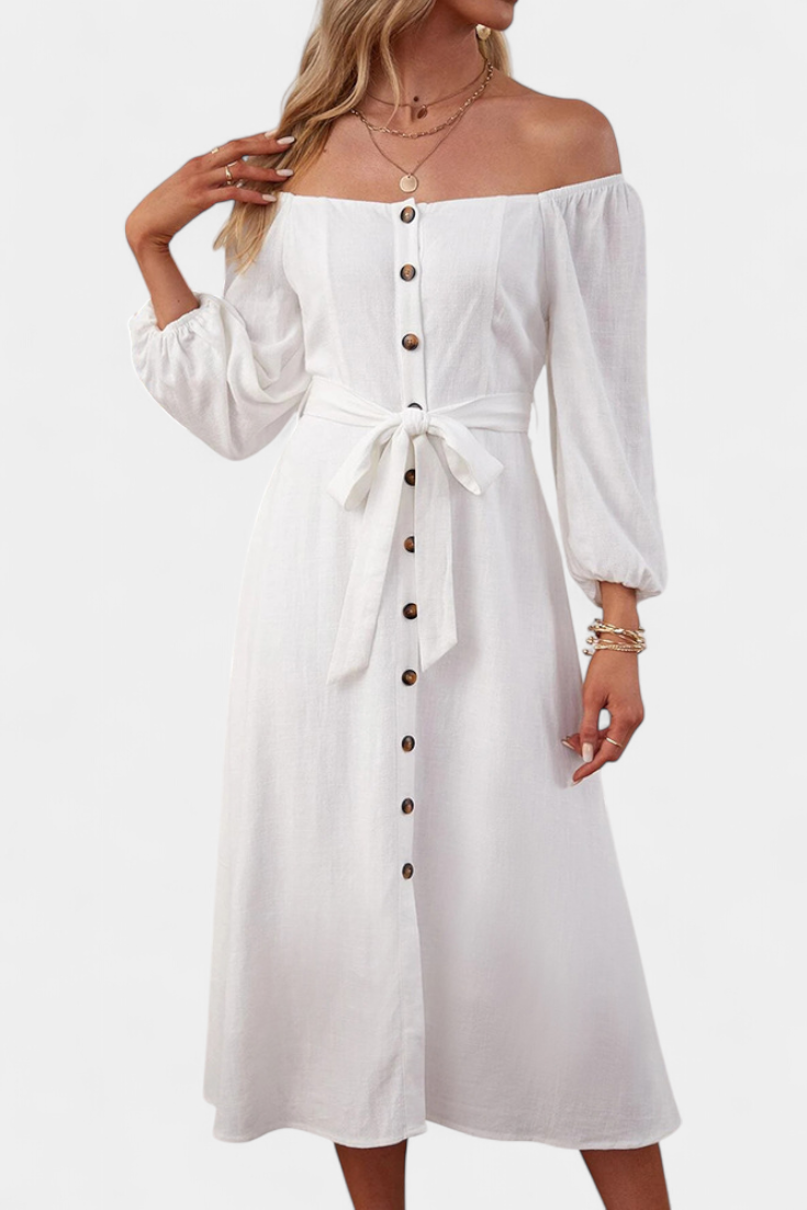 Leonor Vestido de Hombros Descubiertos con Botones y Lazo Frontal