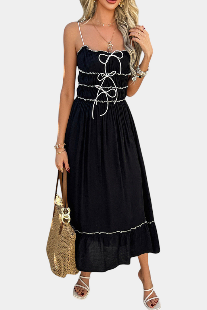 Luz Vestido A-Line Strappy con dobladillo rizado