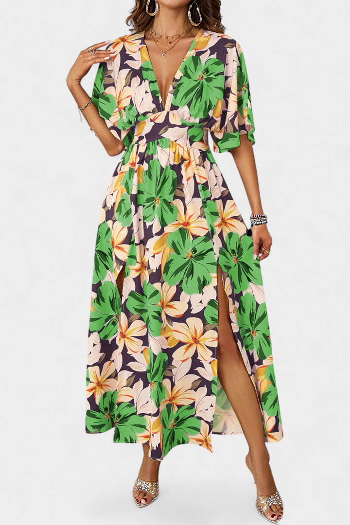 Julie Vestido Largo con Estampado Floral y Escote Cruzado