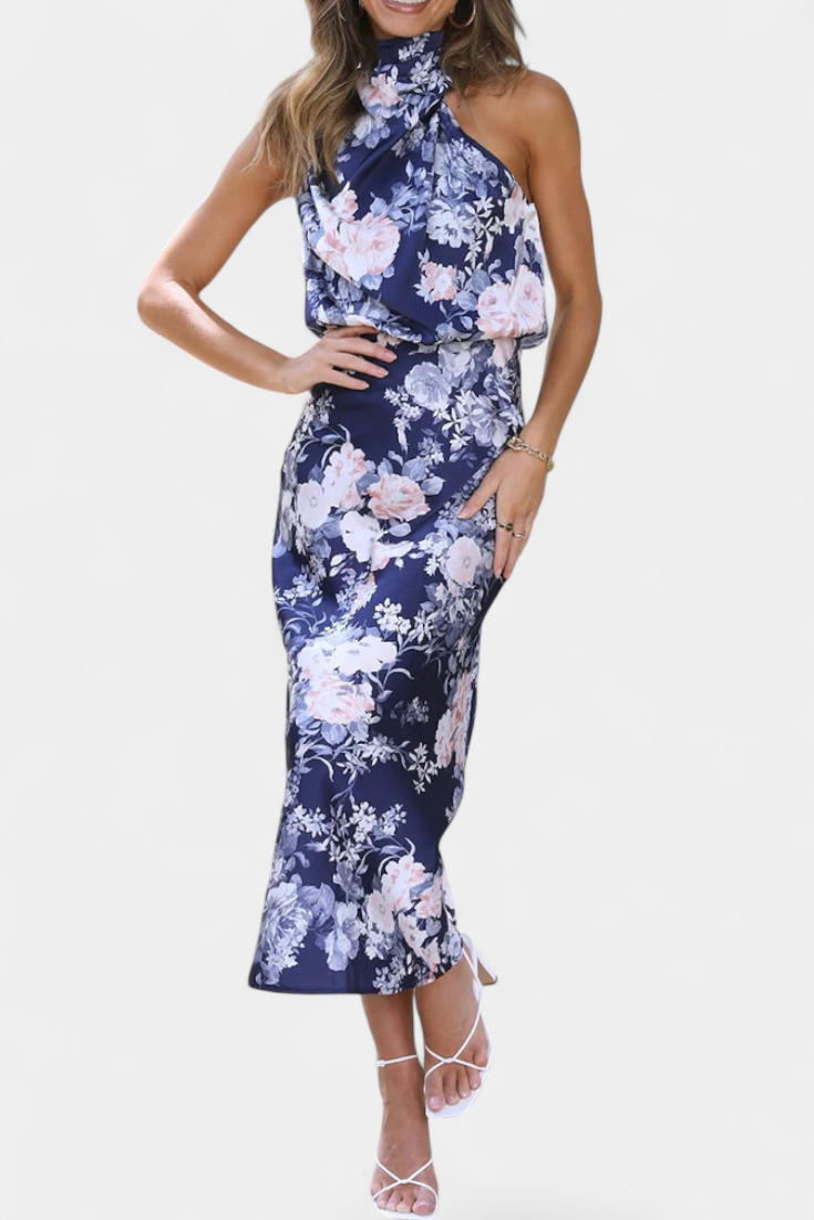 Lisa Vestido Maxi Floral con Cuello Halter y Cintura Elástica