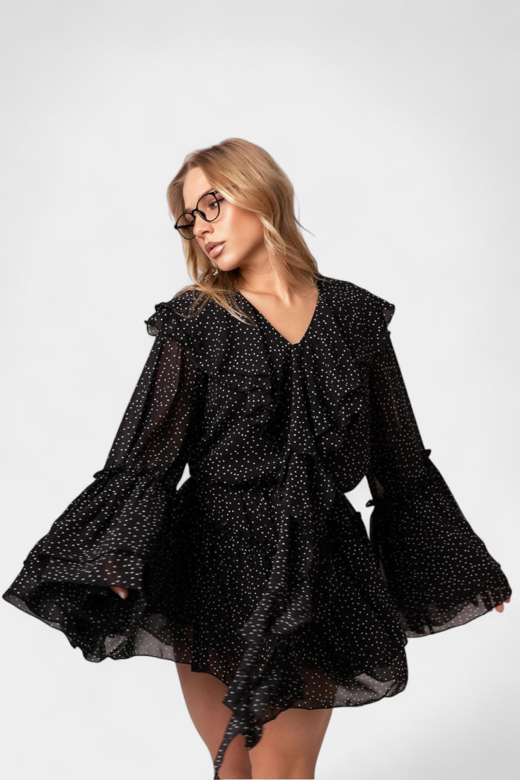 Alida Vestido Mini de Chifón con Lunares y Escote con Volantes