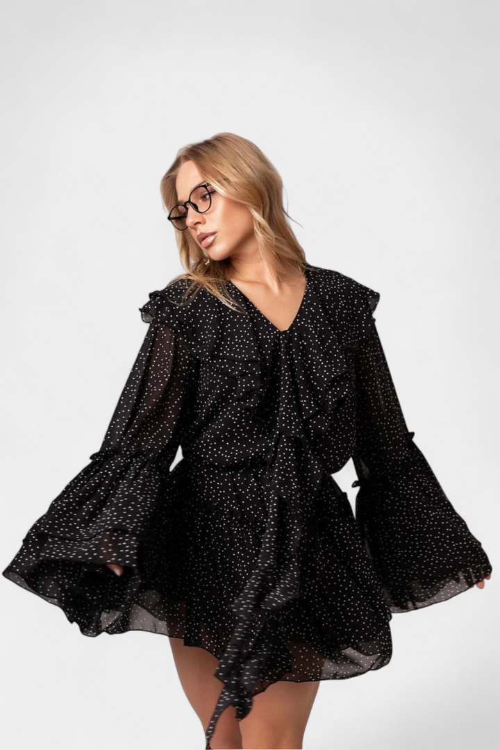 Alida Vestido Mini de Chifón con Lunares y Escote con Volantes