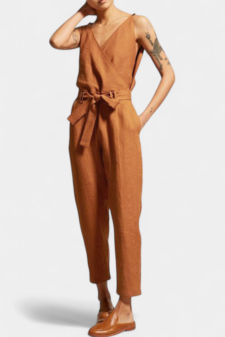 Maggie Mono Sin Mangas con Escote en V y Cintura Cruzada en Algodón