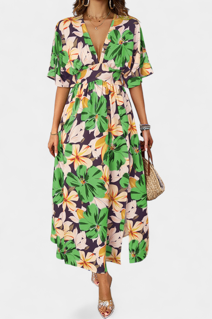 Julie Vestido Largo con Estampado Floral y Escote Cruzado