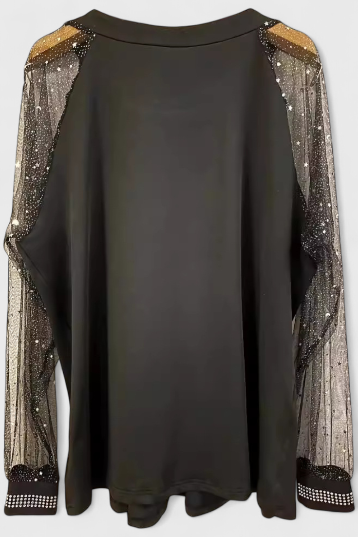 Flor Blusa Elegante con Mangas de Tul y Acentos de Strass