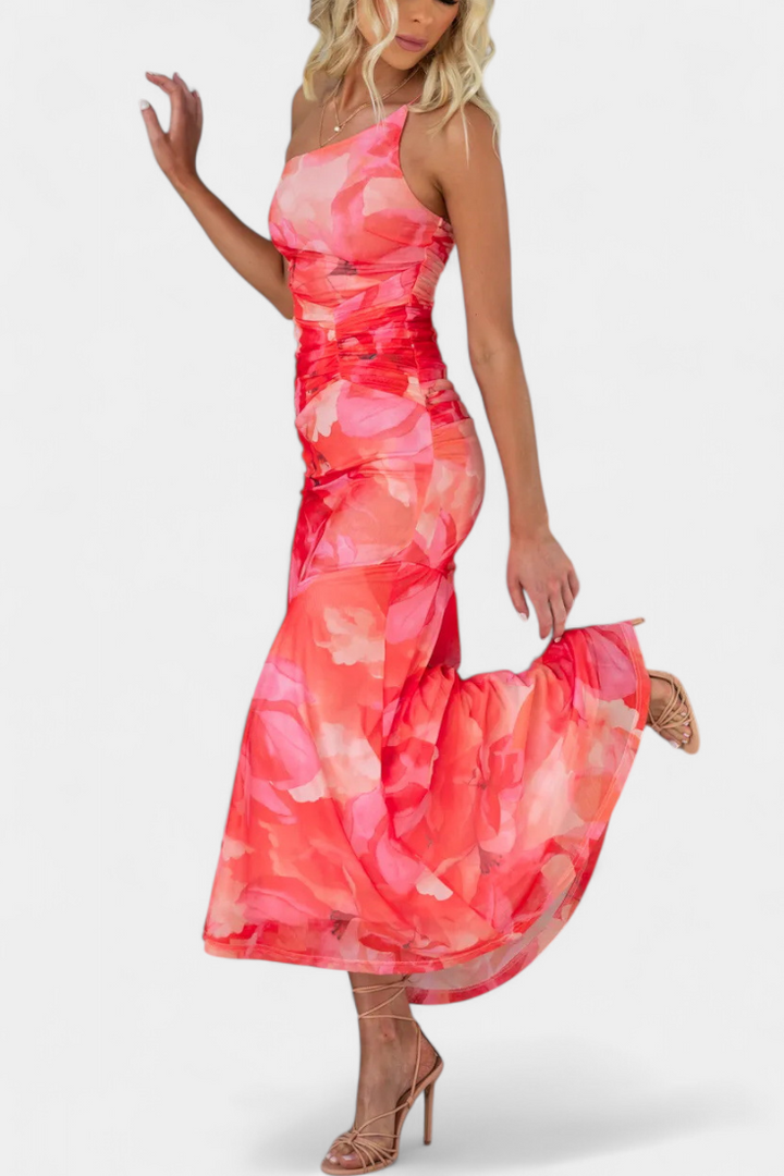 Abigail Vestido Largo de Floral con Una Sola Manga