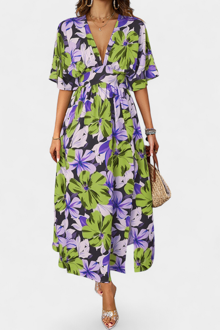 Julie Vestido Largo con Estampado Floral y Escote Cruzado