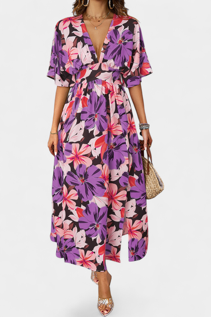 Julie Vestido Largo con Estampado Floral y Escote Cruzado