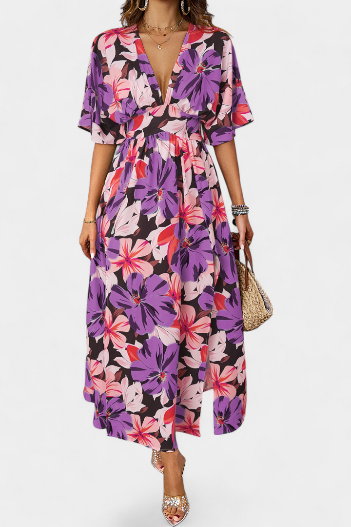 Julie Vestido Largo con Estampado Floral y Escote Cruzado