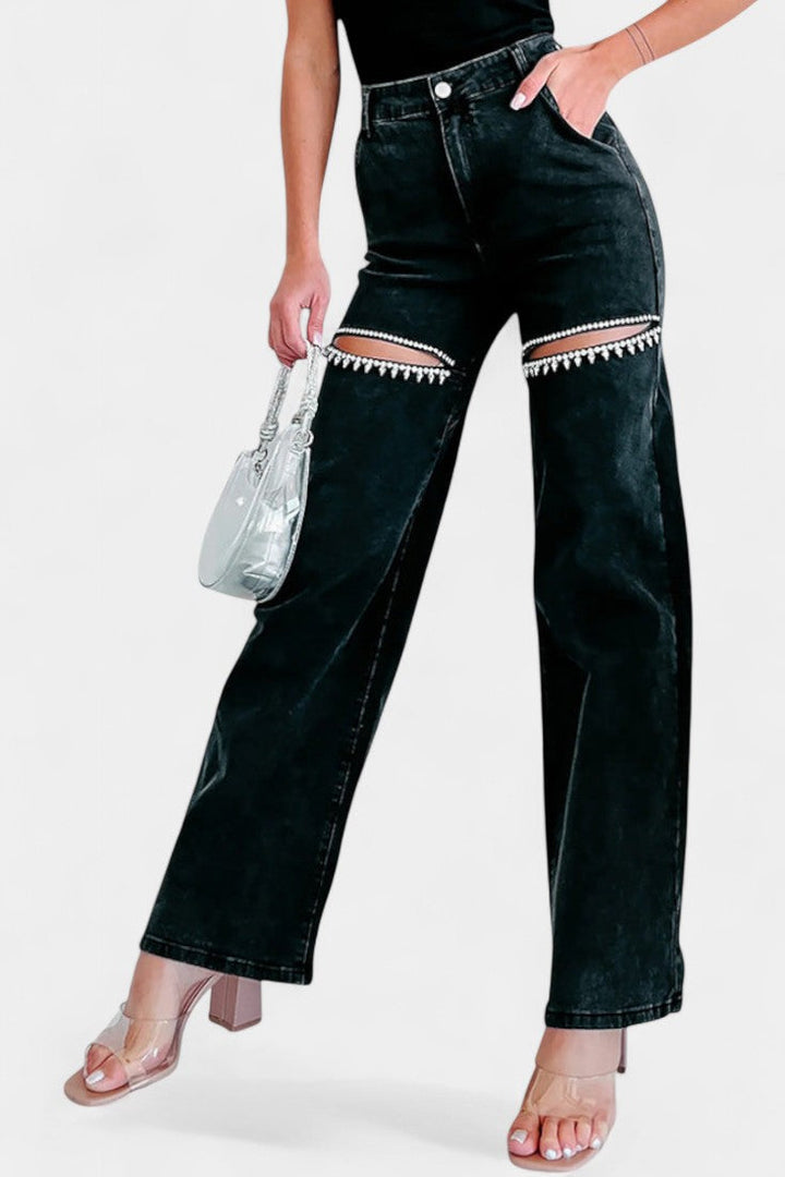 Jeans Evian Rotos de Pierna Recta con Rhinestones