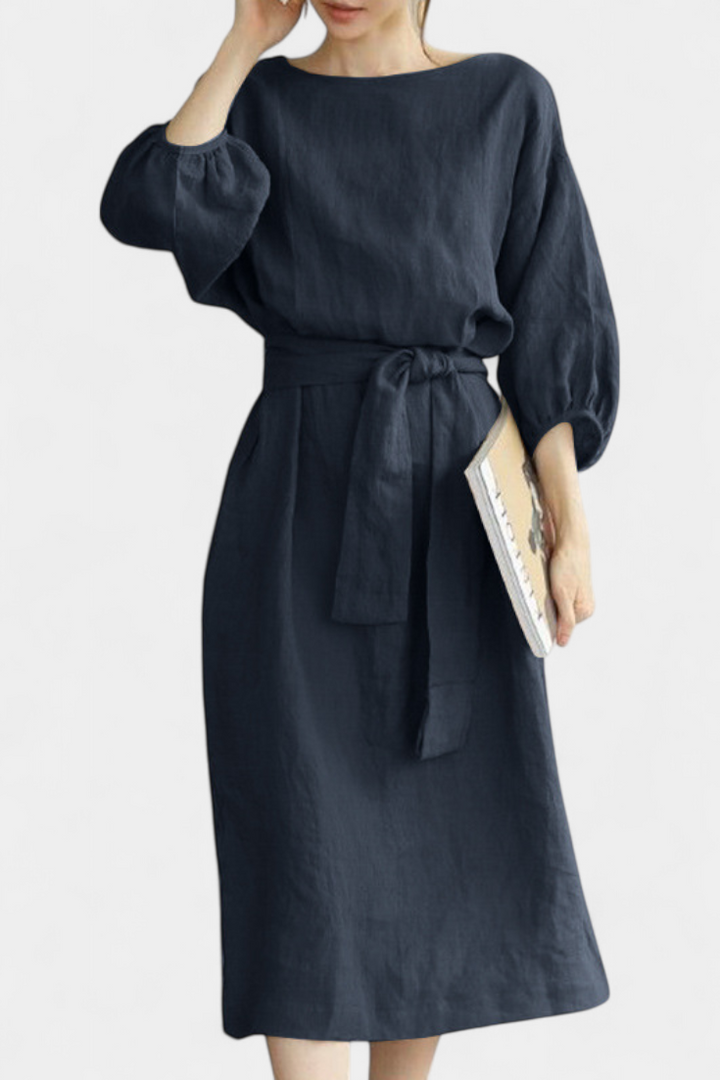 Krisbel Vestido de Lino Algodón con Cintura Anudada